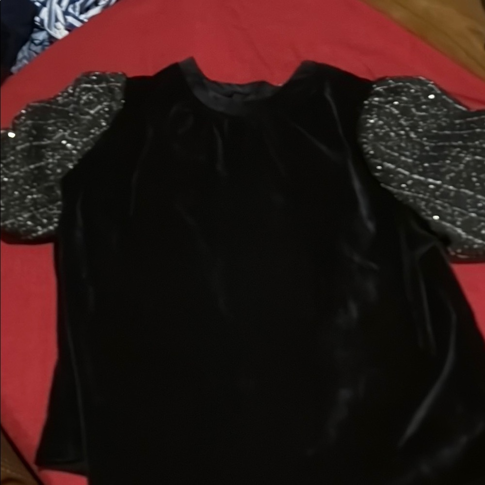 Elegant Black Velvet Top with gold and Silver Sequin Sleeves
